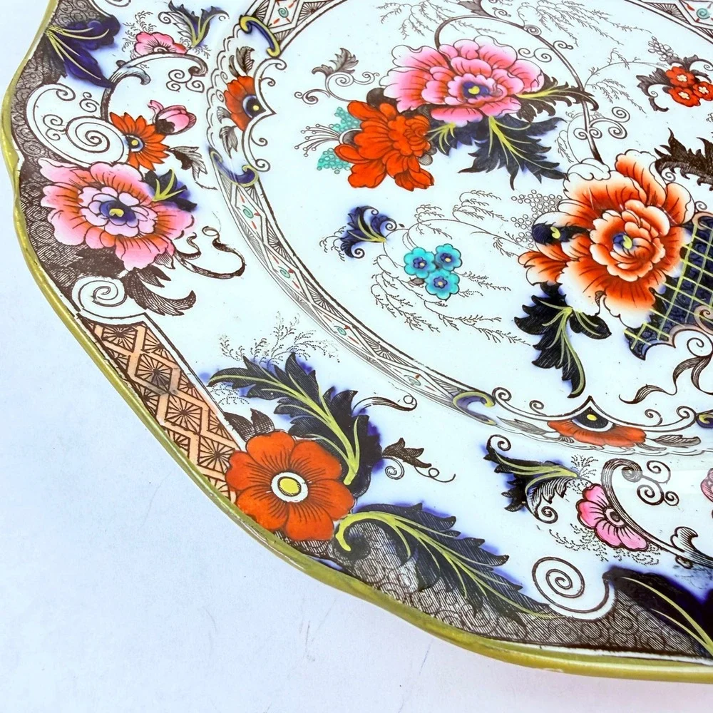 Cauldon England Antique Porcelain‎ Floral Imari Scalloped Plate Pink Orange Blue